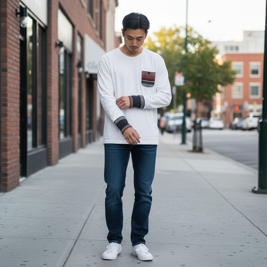 ネイティブボーダー柄ポケットロングスリーブ長袖Tシャツ ホワイト L 古着 メンズ