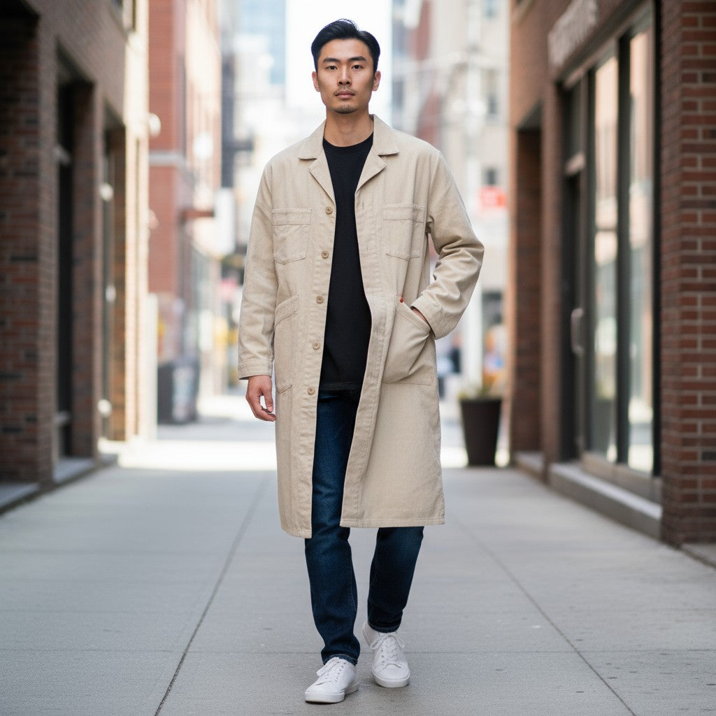 【UNIVERSAL OVERALL】コーデュロイロング丈コートカバーオール ベージュ F 古着 メンズ