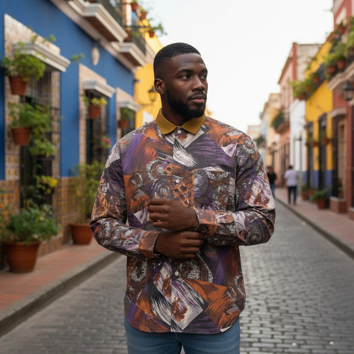 アート柄編立衿総柄シャツ 総柄 L 古着 メンズ