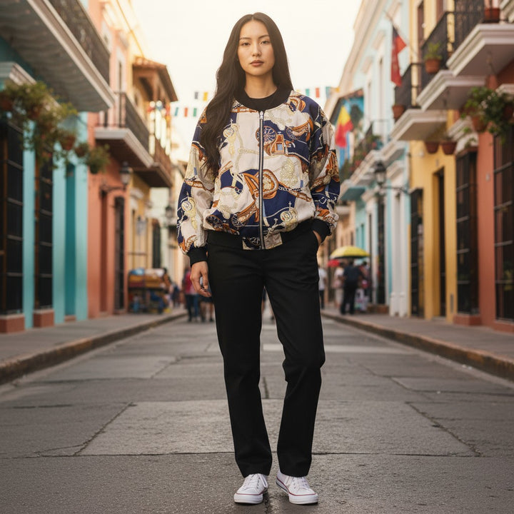 リバーシブル総柄ナイロンブルゾン 総柄 L 古着 レディース