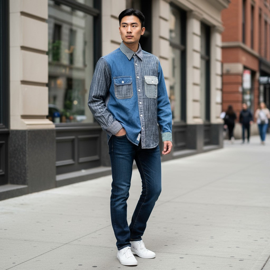 クレイジーパターンヒッコリーデニムワークシャツ ストライプ柄 M 古着 メンズ