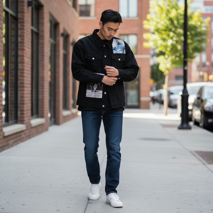 フォトプリントブラックデニムジャケット ブラック F 古着 メンズ