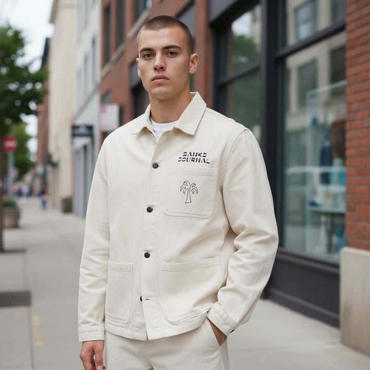 ヤシの木プリントデニムカバーオールジャケット ホワイト L 古着 メンズ