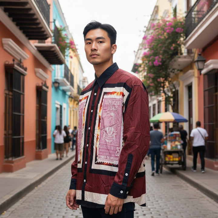 【WANNA】アート柄プリントシャツ ブラウン 1 古着 メンズ