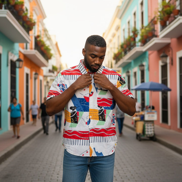 アート柄半袖シャツ 総柄 L 古着 メンズ