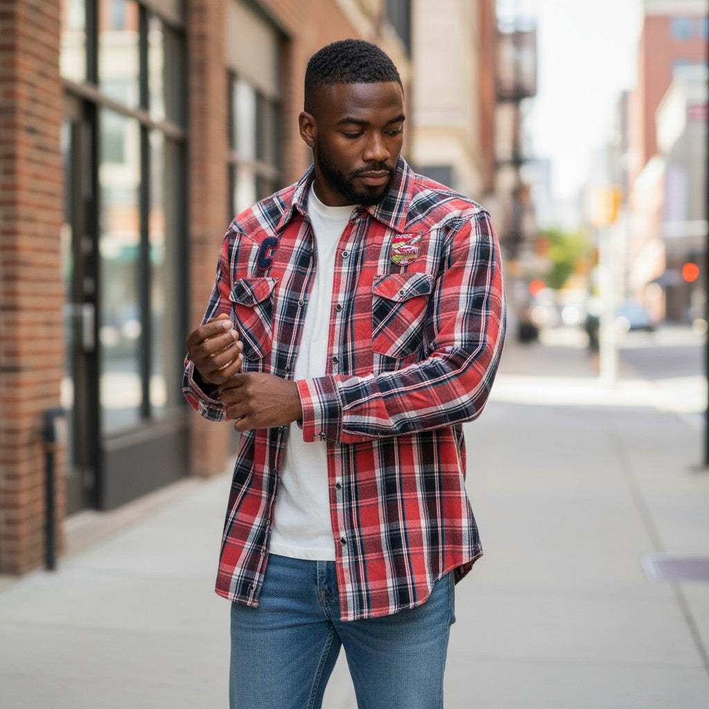 チェック柄ワッペンアメカジ長袖シャツ チェック柄 L 古着 メンズ