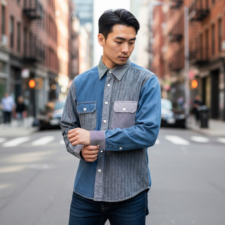 クレイジーパターンヒッコリーデニムワークシャツ ストライプ柄 M 古着 メンズ