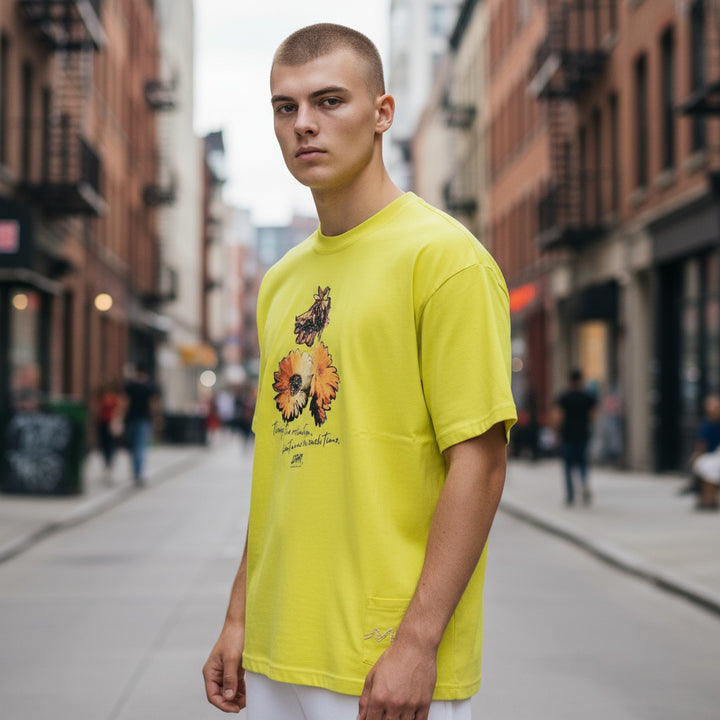 【LEFLAH】アートプリントポケット付き半袖Tシャツ イエロー M 古着 メンズ