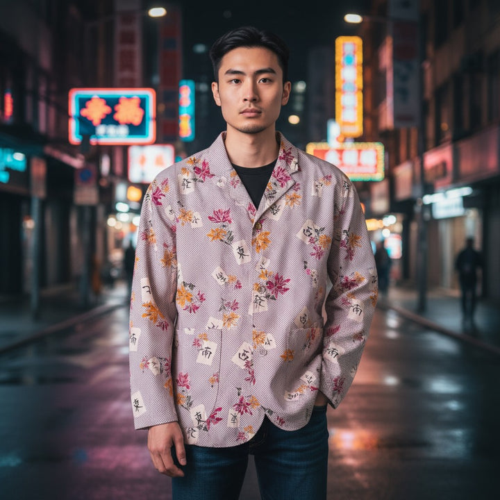 麻雀総柄3つボタンジャケット M 古着 メンズ