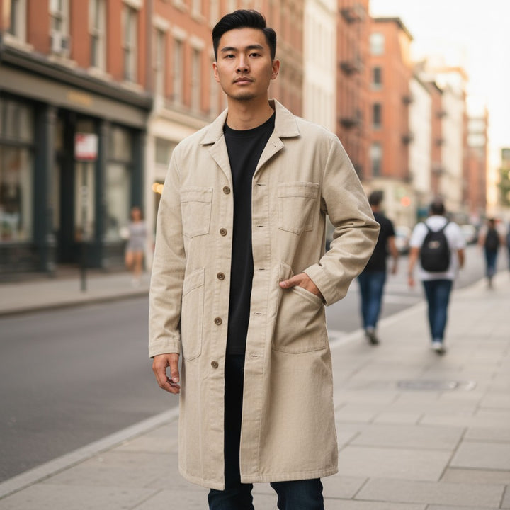 【UNIVERSAL OVERALL】コーデュロイロング丈コートカバーオール ベージュ F 古着 メンズ