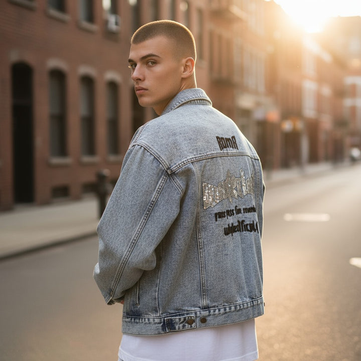 ビジュースパンコール刺繍デニムジャケット ブルー F 古着 メンズ