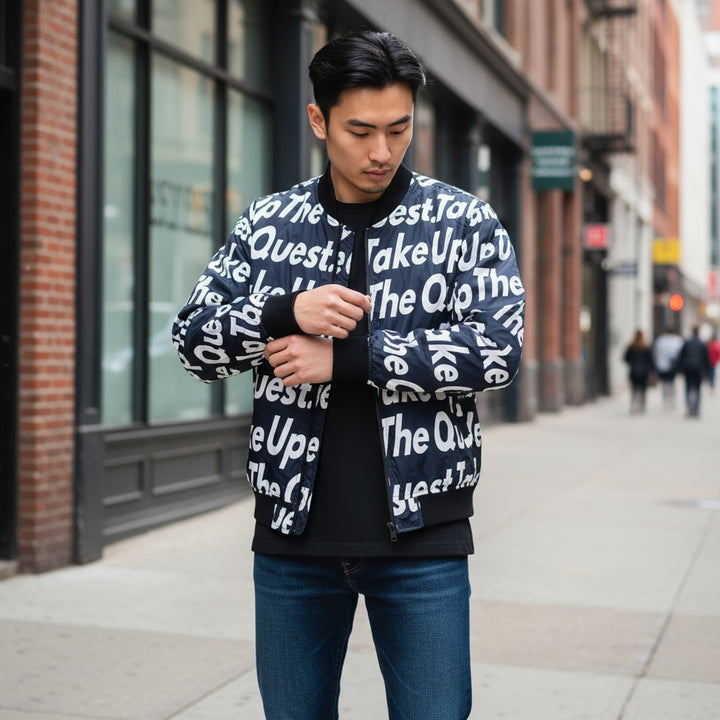 メッセージプリント リバーシブルナイロンブルゾン 総柄 LL 古着 メンズ