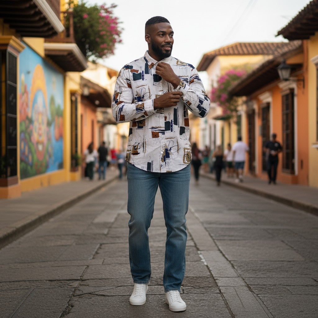 アート柄グラフィックプリントシャツ 総柄 M 古着 メンズ