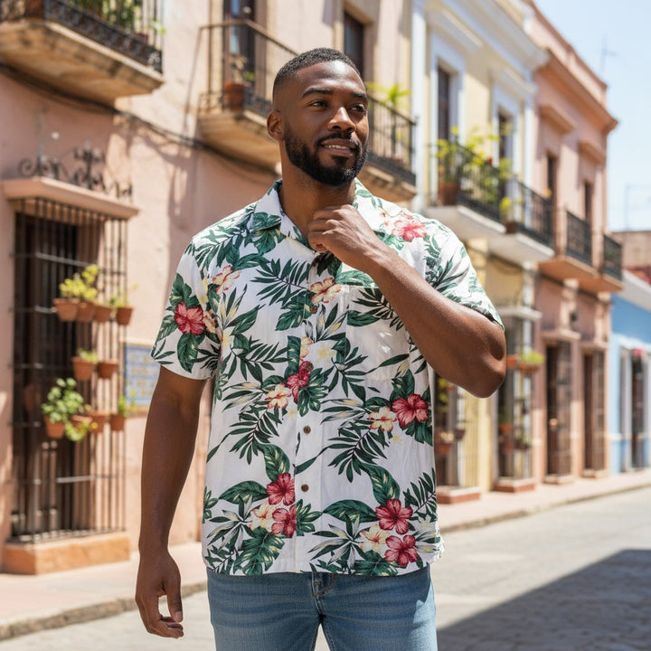 ボタニカル柄リーフ花柄プリント半袖シャツ 総柄 L 古着 メンズ