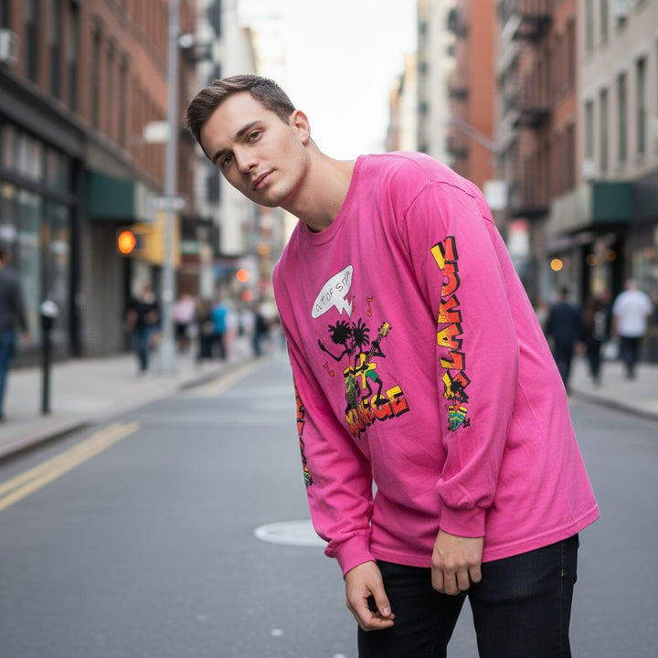 【XLARGE】ダンスプリント長袖ロングスリーブTシャツ ピンク XL 古着 メンズ