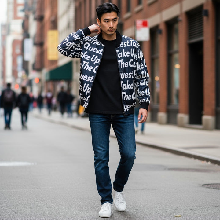 メッセージプリント リバーシブルナイロンブルゾン 総柄 LL 古着 メンズ