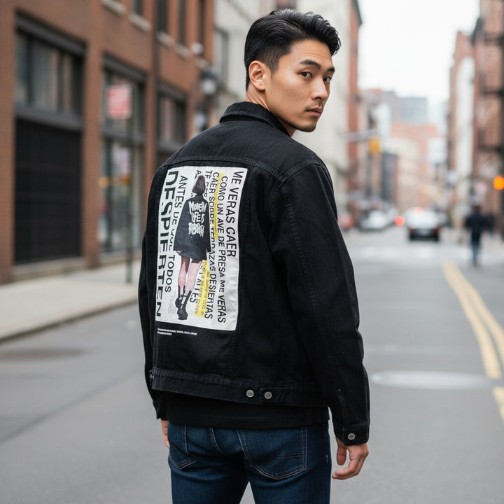 フォトプリントブラックデニムジャケット ブラック F 古着 メンズ