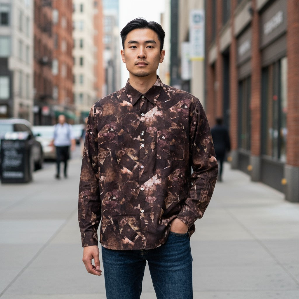 幾何学柄長袖シャツ 総柄 M 古着 メンズ