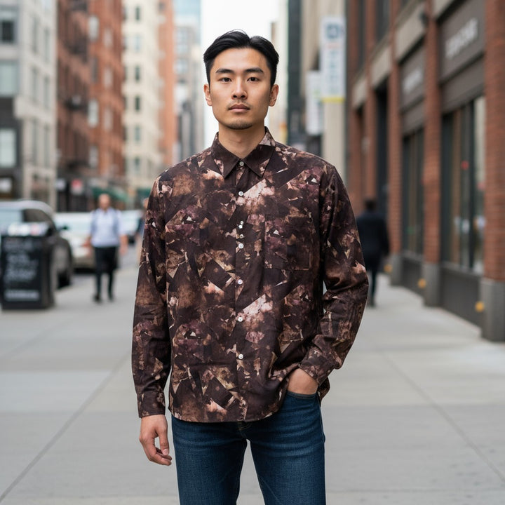 幾何学柄長袖シャツ 総柄 M 古着 メンズ