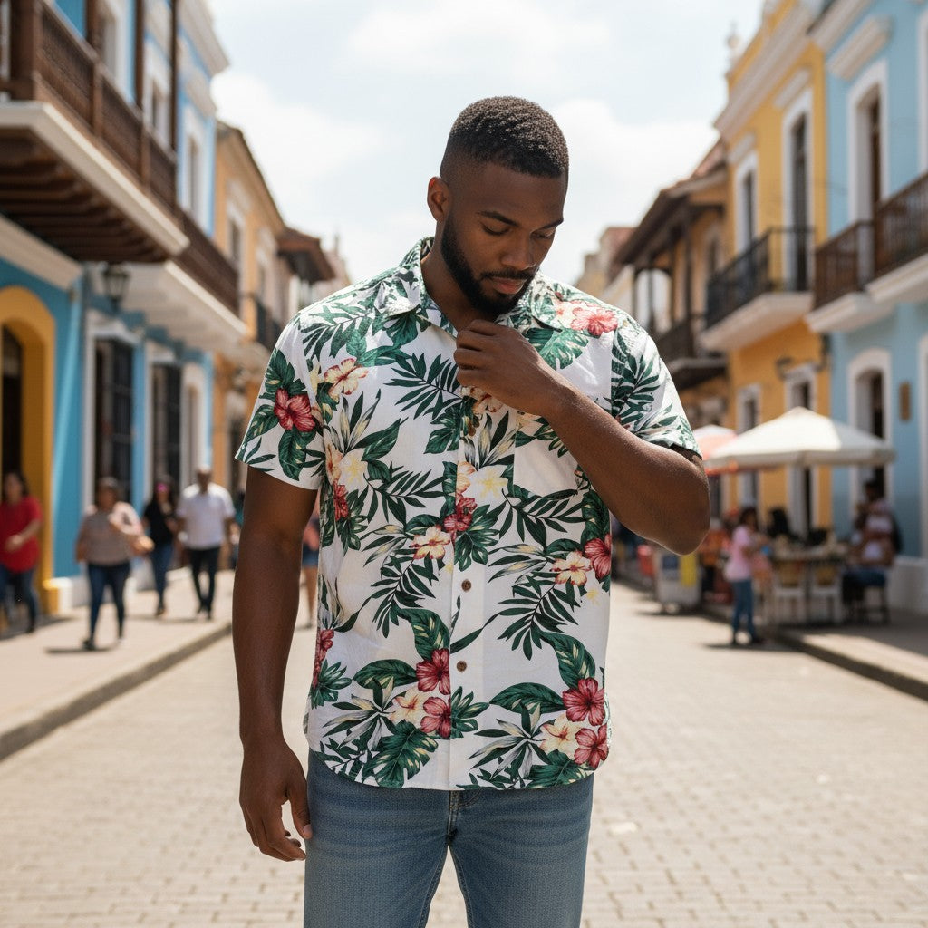 ボタニカル柄リーフ花柄プリント半袖シャツ 総柄 L 古着 メンズ