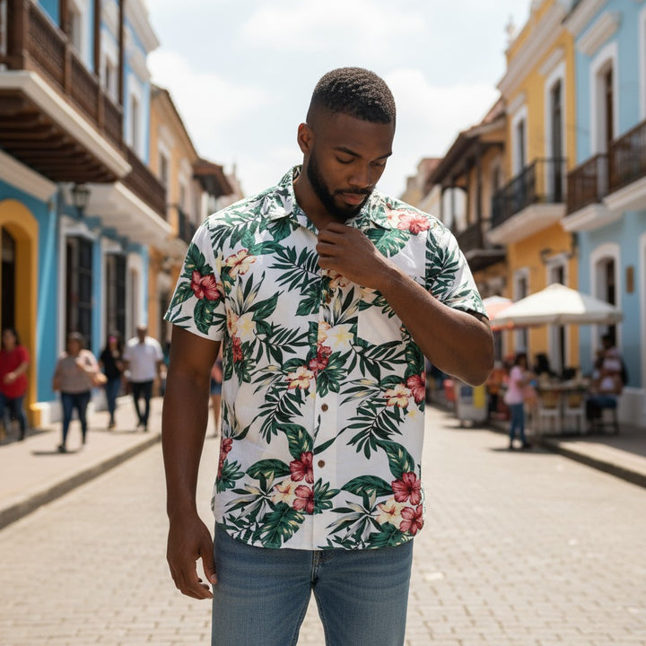 ボタニカル柄リーフ花柄プリント半袖シャツ 総柄 L 古着 メンズ