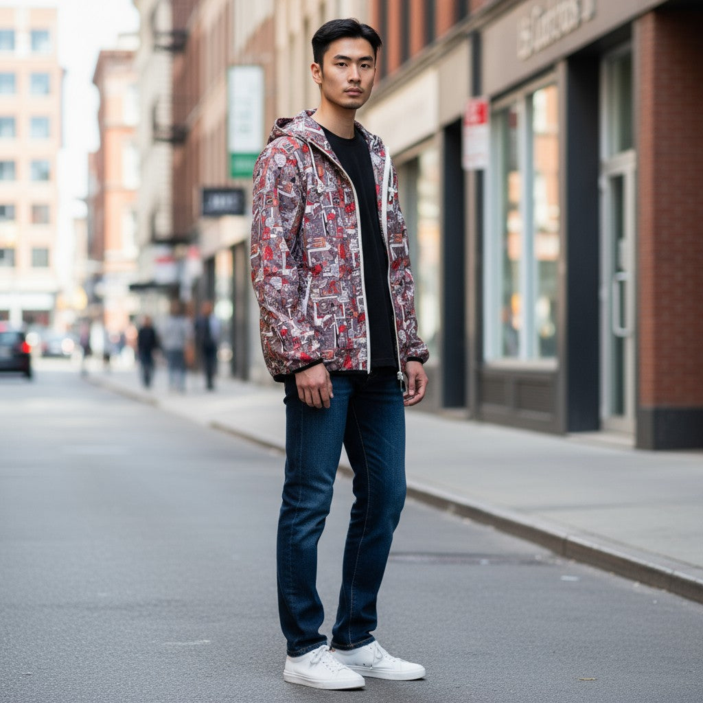 アメコミ柄ポッププリント ナイロンダブルジップパーカー 総柄 XL 古着 メンズ