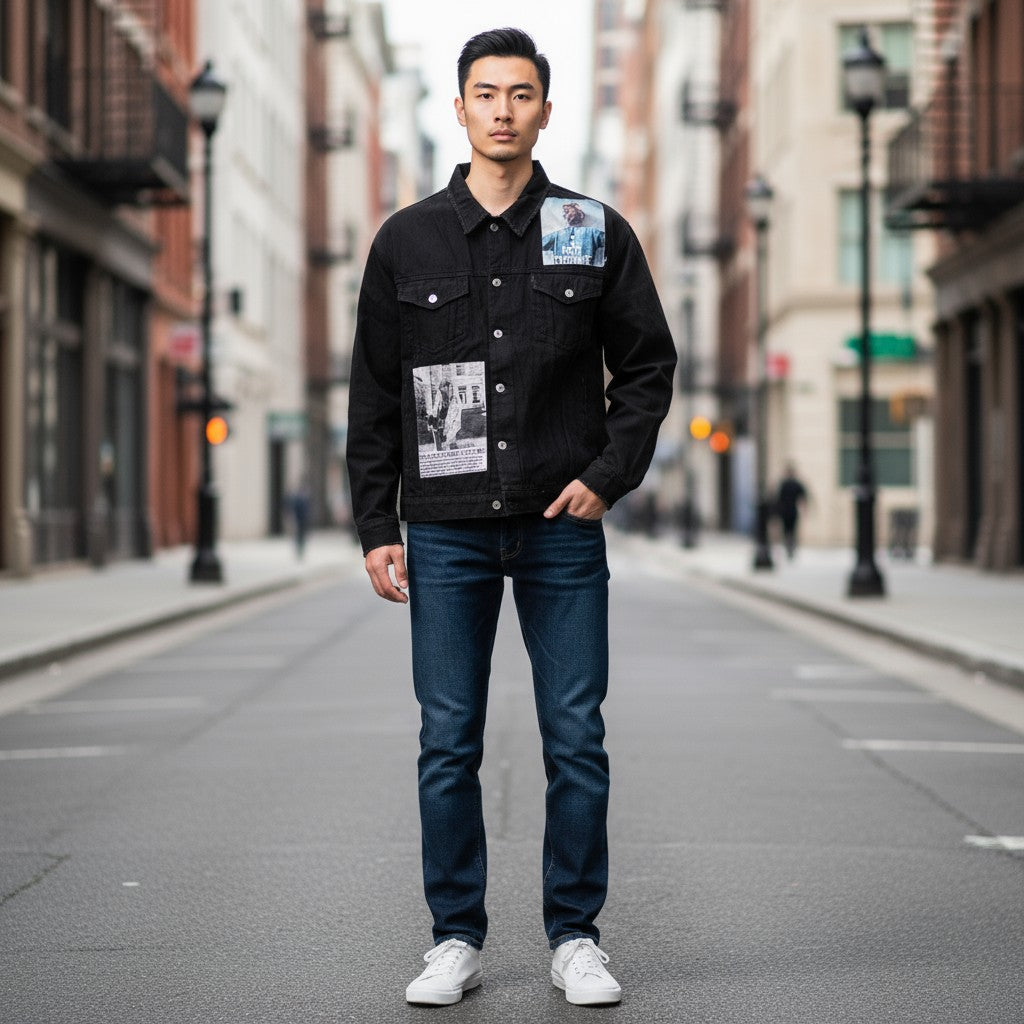 フォトプリントブラックデニムジャケット ブラック F 古着 メンズ