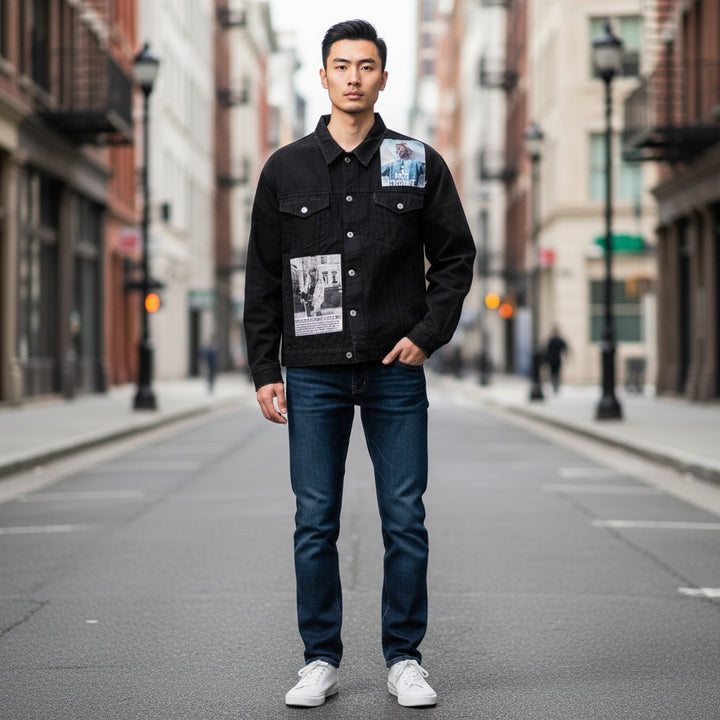 フォトプリントブラックデニムジャケット ブラック F 古着 メンズ