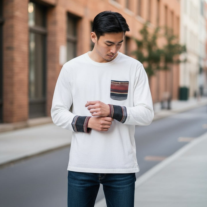 ネイティブボーダー柄ポケットロングスリーブ長袖Tシャツ ホワイト L 古着 メンズ