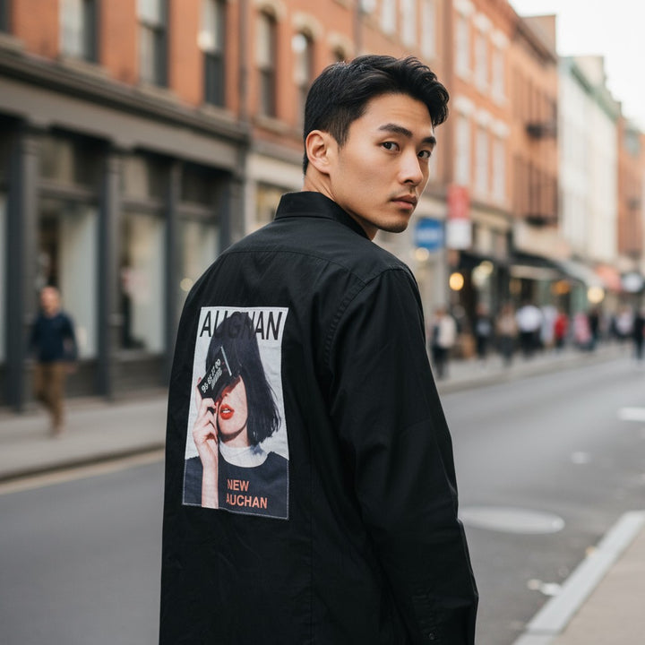 バックフォトプリント長袖シャツ ブラック XL 古着 メンズ