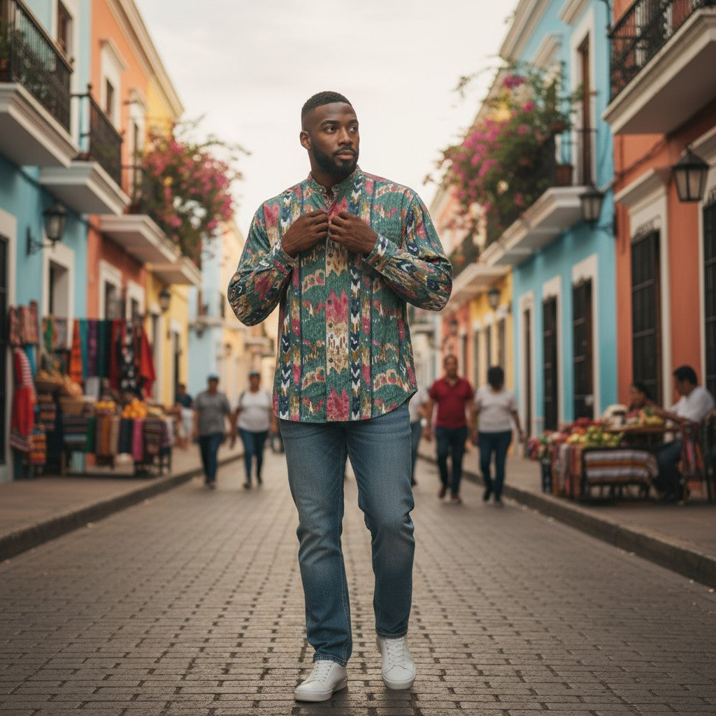 幾何学柄ネイティブ柄スタンドカラーシャツ 総柄 L 古着 メンズ