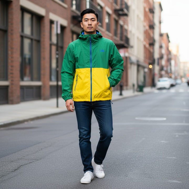 【THE NORTH FACE】ジップアップナイロンブルゾン グリーン×イエロー L 古着 メンズ