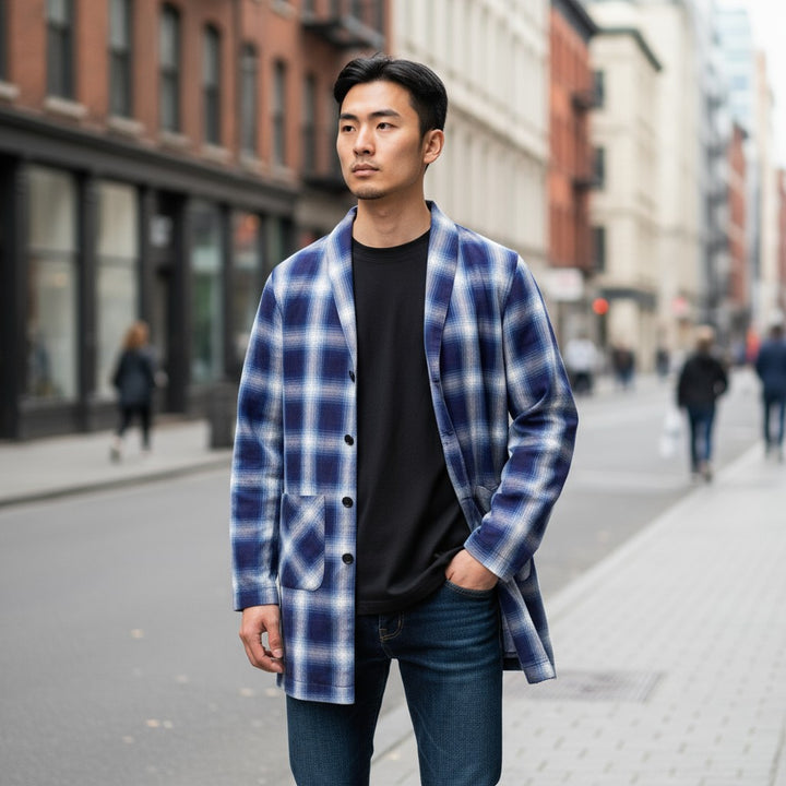 チェック柄ロング丈シャツコート チェック柄 M 古着 メンズ