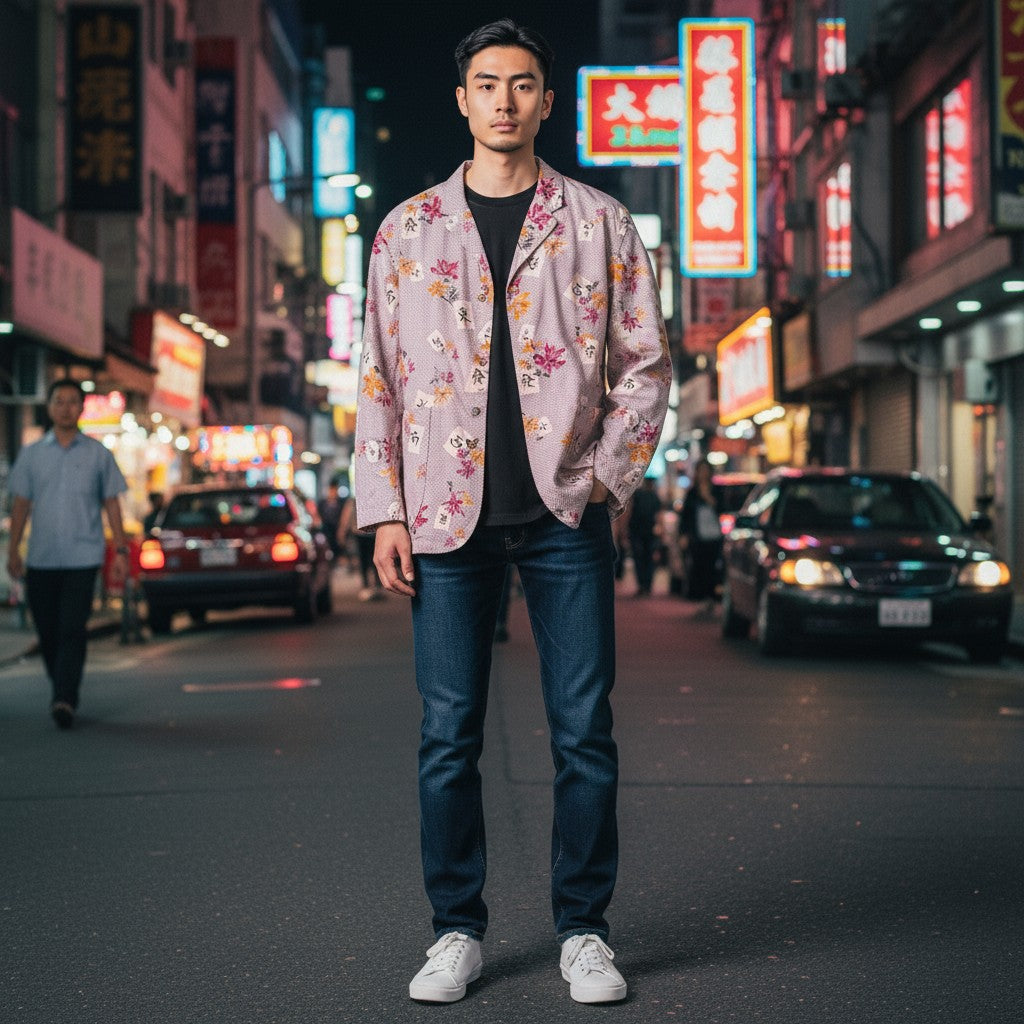 麻雀総柄3つボタンジャケット M 古着 メンズ