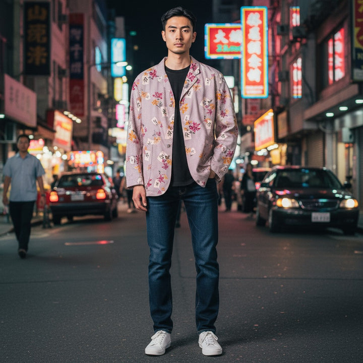 麻雀総柄3つボタンジャケット M 古着 メンズ