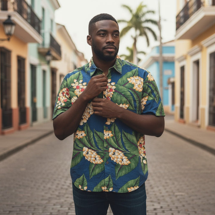 ボタニカル柄リーフ花柄プリント半袖シャツ 総柄 L 古着 メンズ