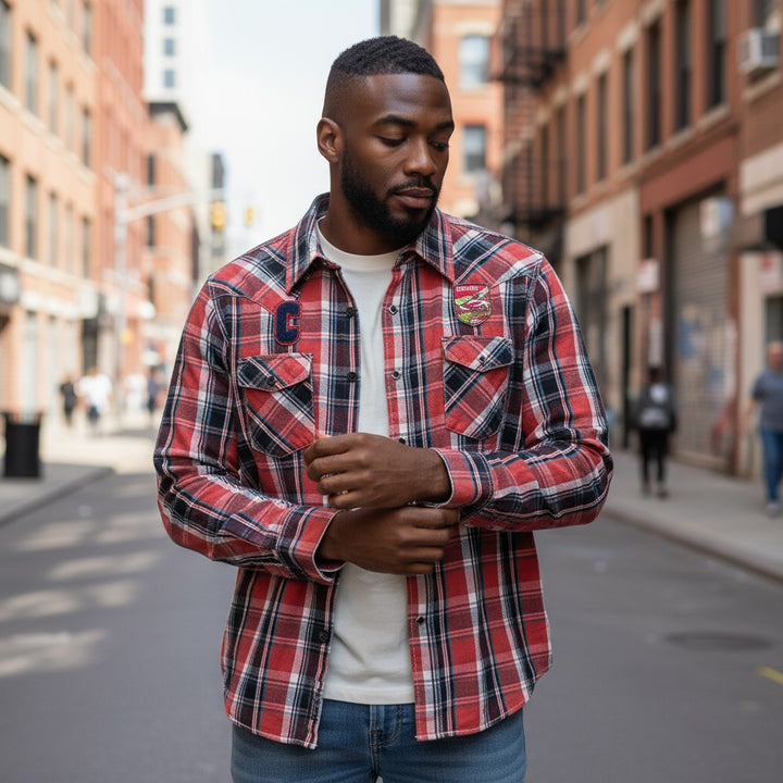 チェック柄ワッペンアメカジ長袖シャツ チェック柄 L 古着 メンズ