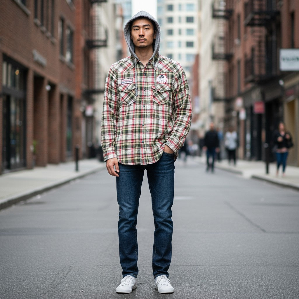 取り外しフード付きチェック柄ワッペンシャツ チェック柄 M 古着 メンズ