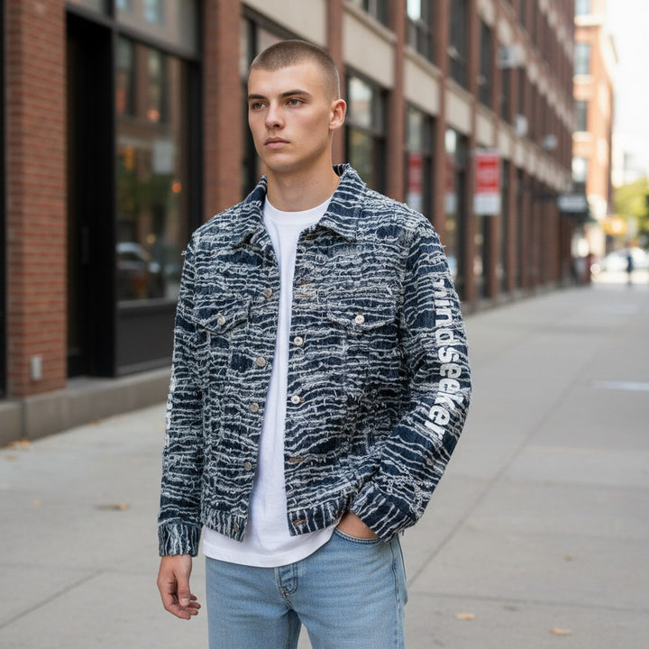 【mindseeker × roarguns】プリントキルティングデニムジャケット ブルー L 古着 メンズ