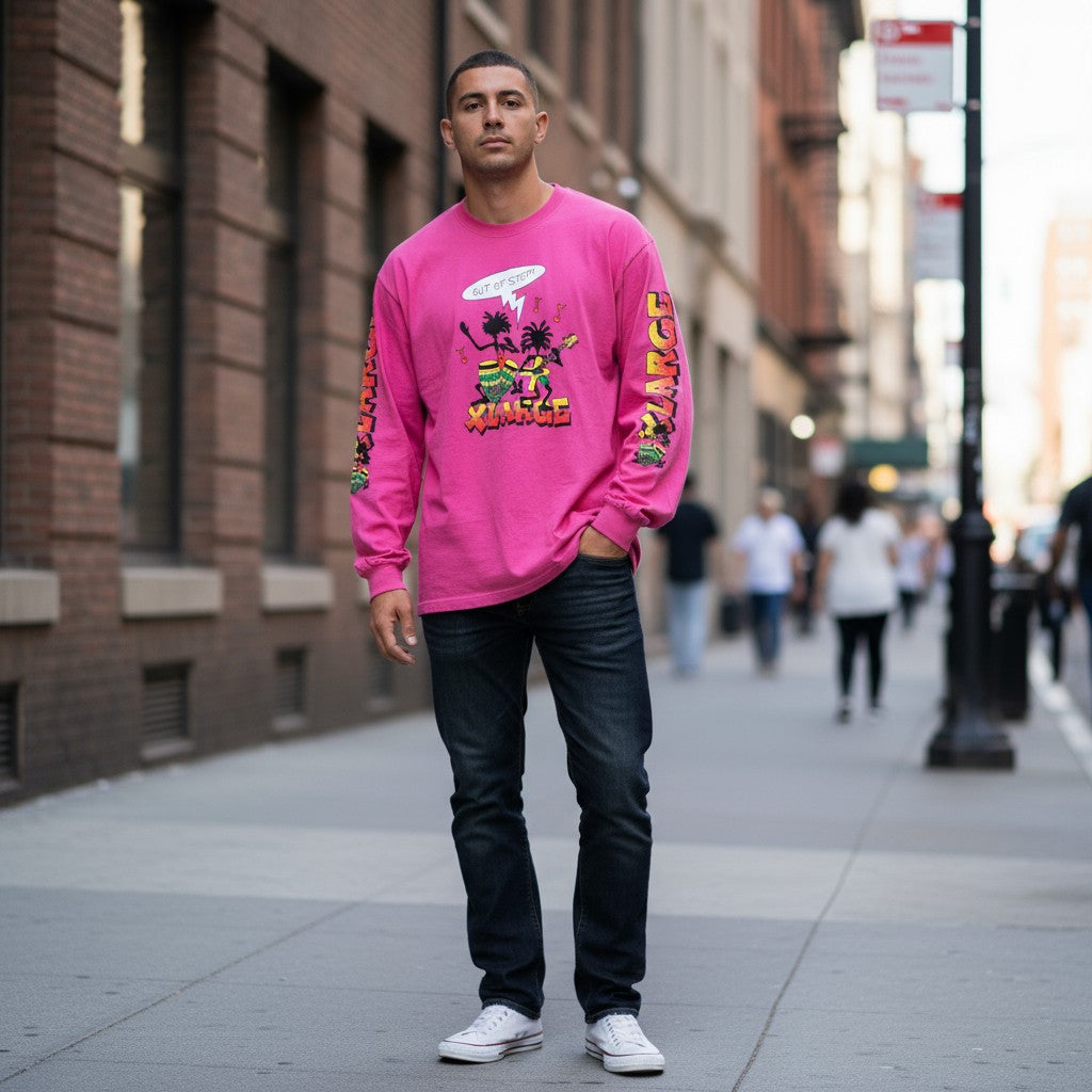 【XLARGE】ダンスプリント長袖ロングスリーブTシャツ ピンク XL 古着 メンズ