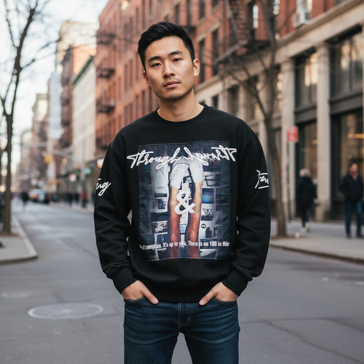 フォトプリントクルーネックプルオーバースウェット ブラック M 古着 メンズ