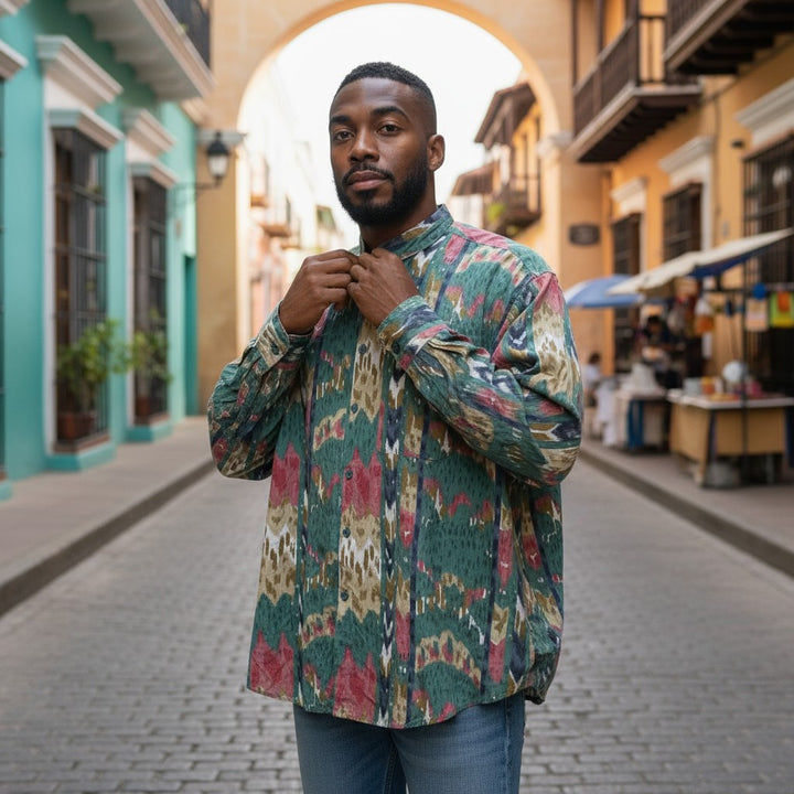 幾何学柄ネイティブ柄スタンドカラーシャツ 総柄 L 古着 メンズ