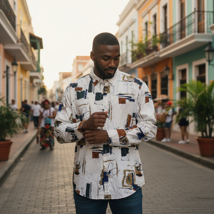 アート柄グラフィックプリントシャツ 総柄 M 古着 メンズ