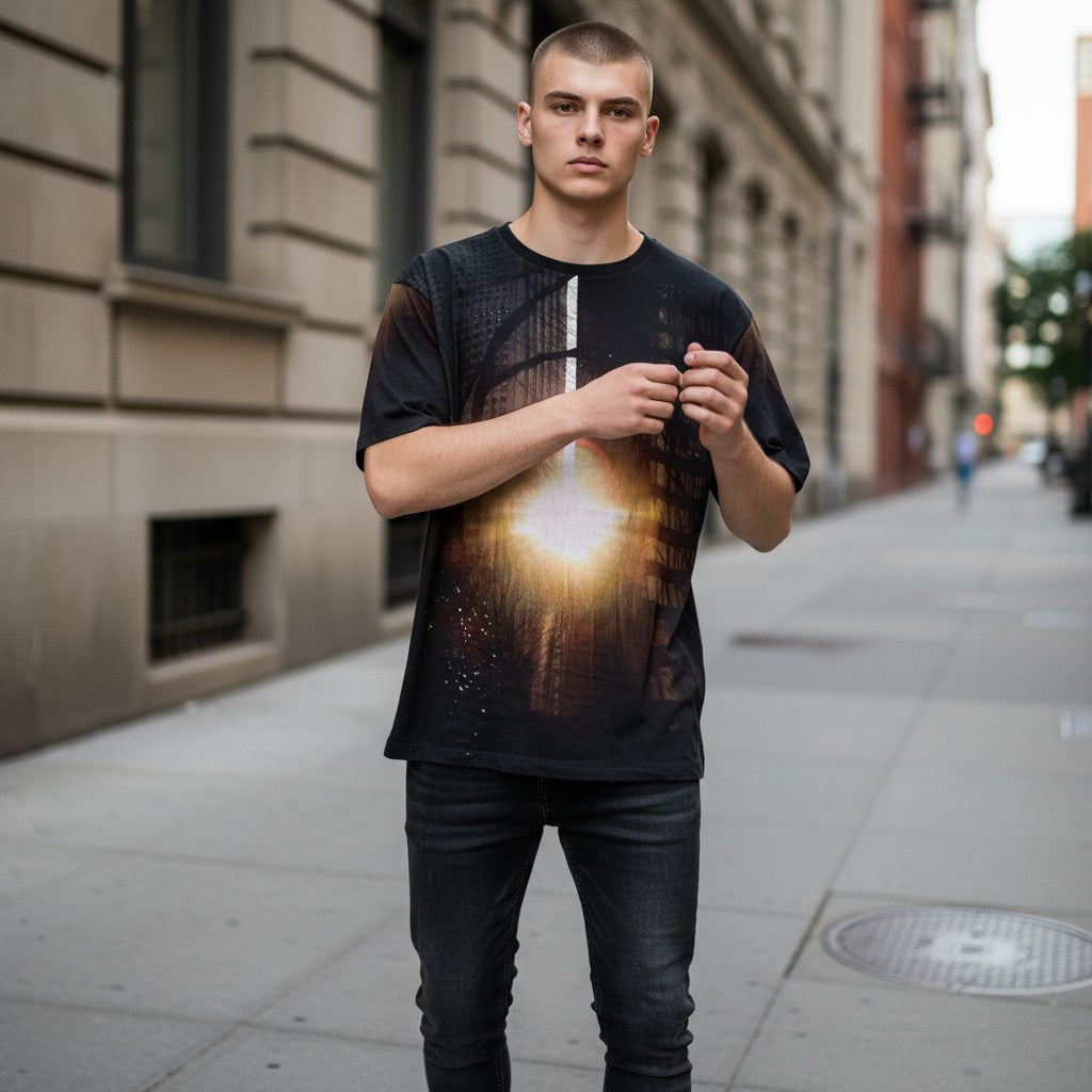 フォトプリント半袖Tシャツ 総柄 M 古着 メンズ