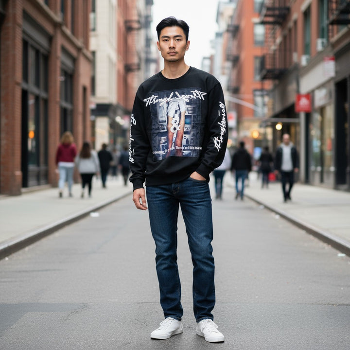 フォトプリントクルーネックプルオーバースウェット ブラック M 古着 メンズ