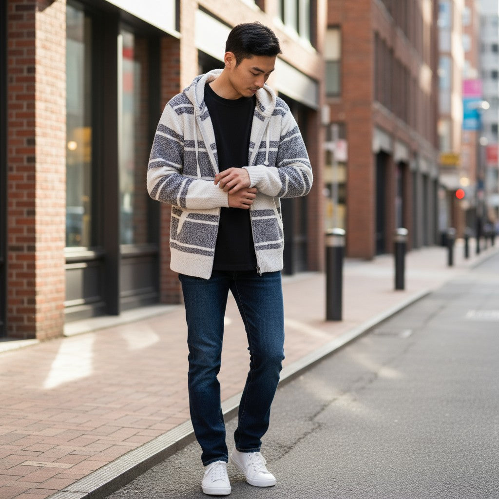 【GELATO PIQUE HOMME】ボーダー柄フリースダブルジップパーカー ボーダー柄 M 古着 メンズ