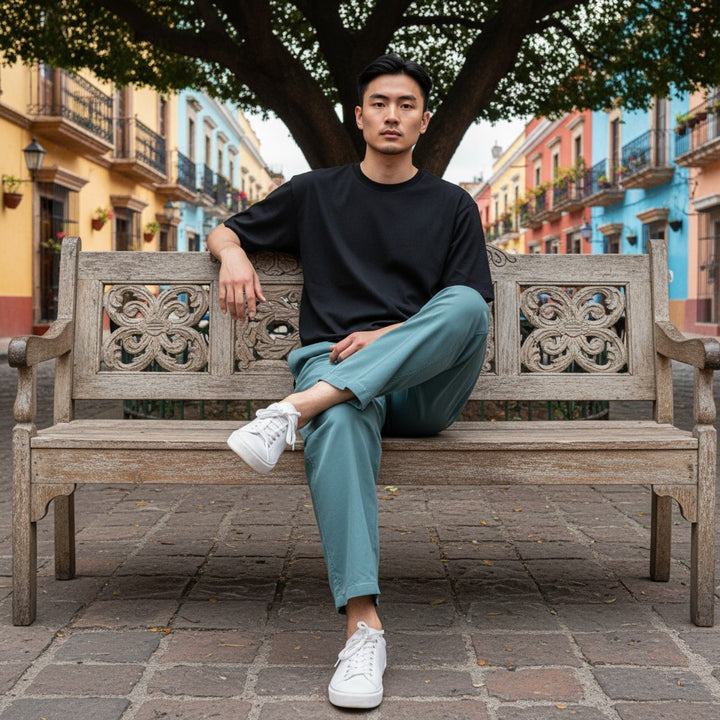 刺繍入りリラックスイージーパンツ ブルー 古着 メンズ