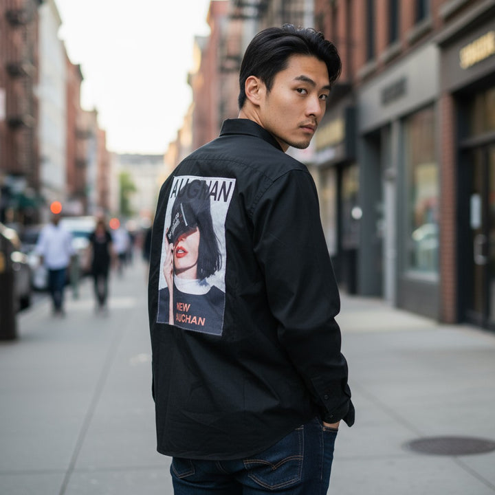 バックフォトプリント長袖シャツ ブラック XL 古着 メンズ