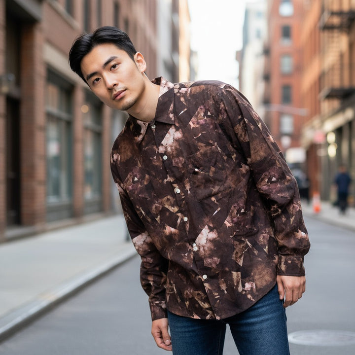 幾何学柄長袖シャツ 総柄 M 古着 メンズ