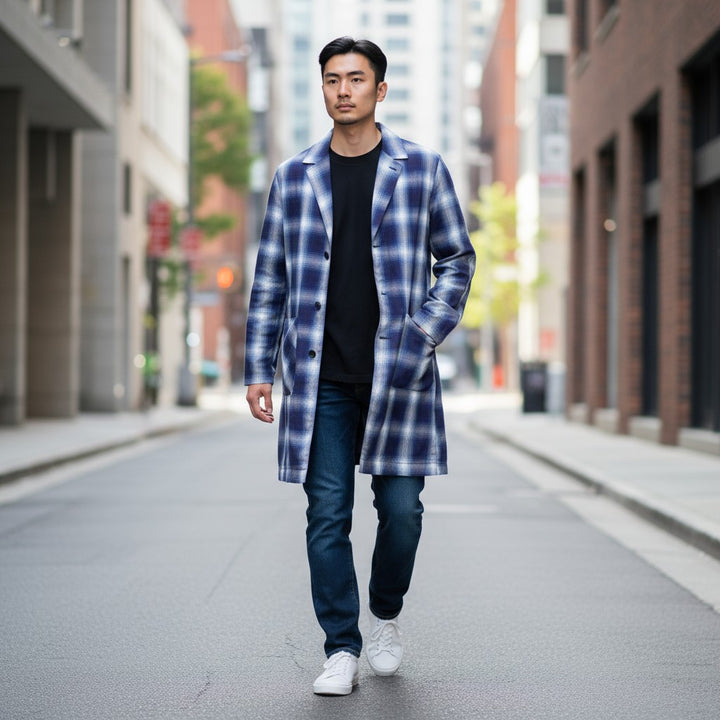 チェック柄ロング丈シャツコート チェック柄 M 古着 メンズ